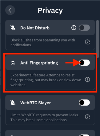 Anti fingerprinting toggle location