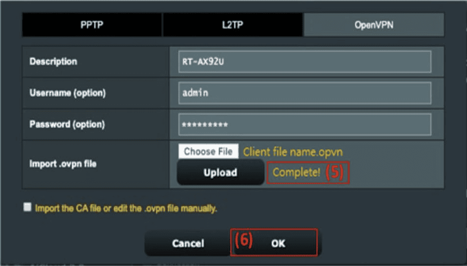 Perfil de OpenVPN en VPN Client antiguo de ASUS que muestra una carga de configuración completada