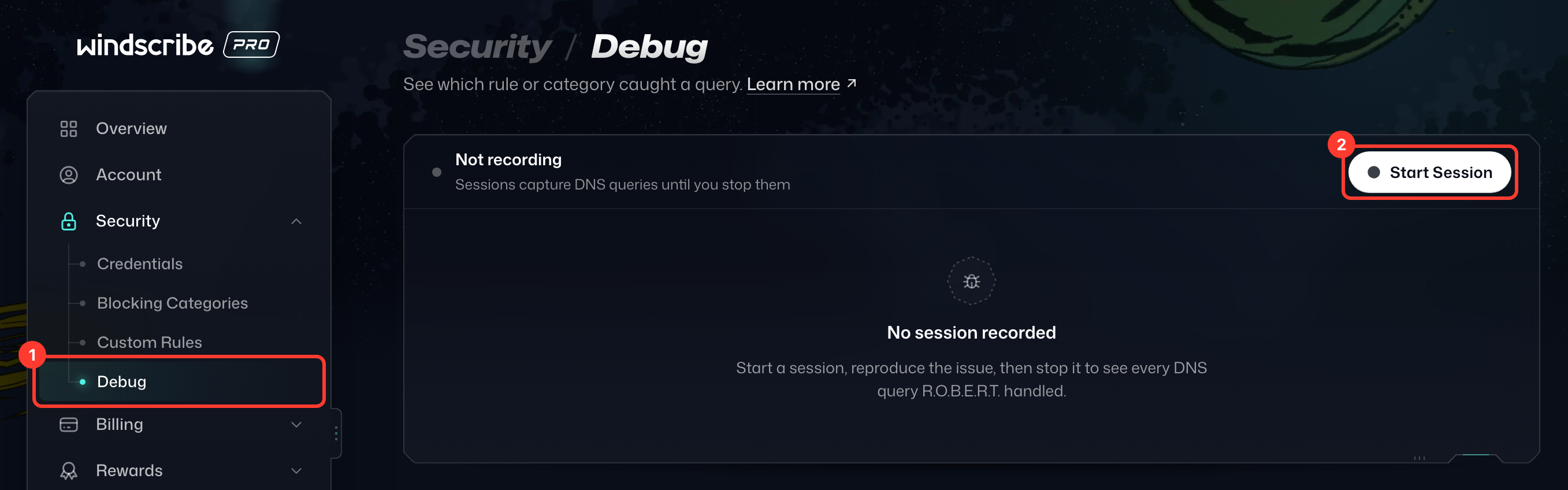 Debug highlighted under Security in the My Account sidebar, and Start Session highlighted on the Debug page