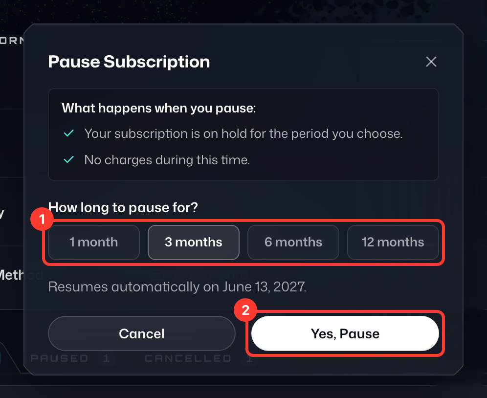 The Pause Subscription dialog, with the pause lengths and Yes, Pause numbered 1 and 2