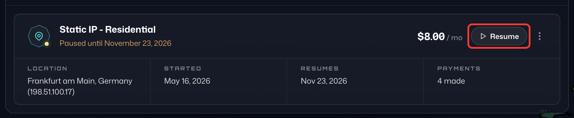 A paused subscription, with Resume highlighted